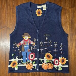 Vintage Bobbie Brooks Knit Cardigan Vest XL Autumn Fall Embroidered Scarecrow